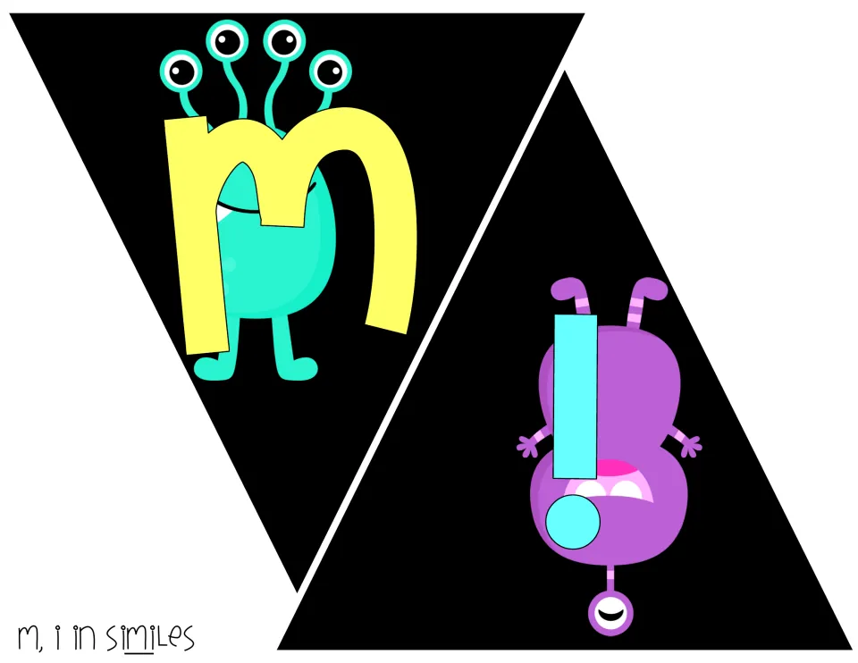M and I from similes: yellow M in front of a teal many-eyed monster, bright blue I inverted over a purple creature