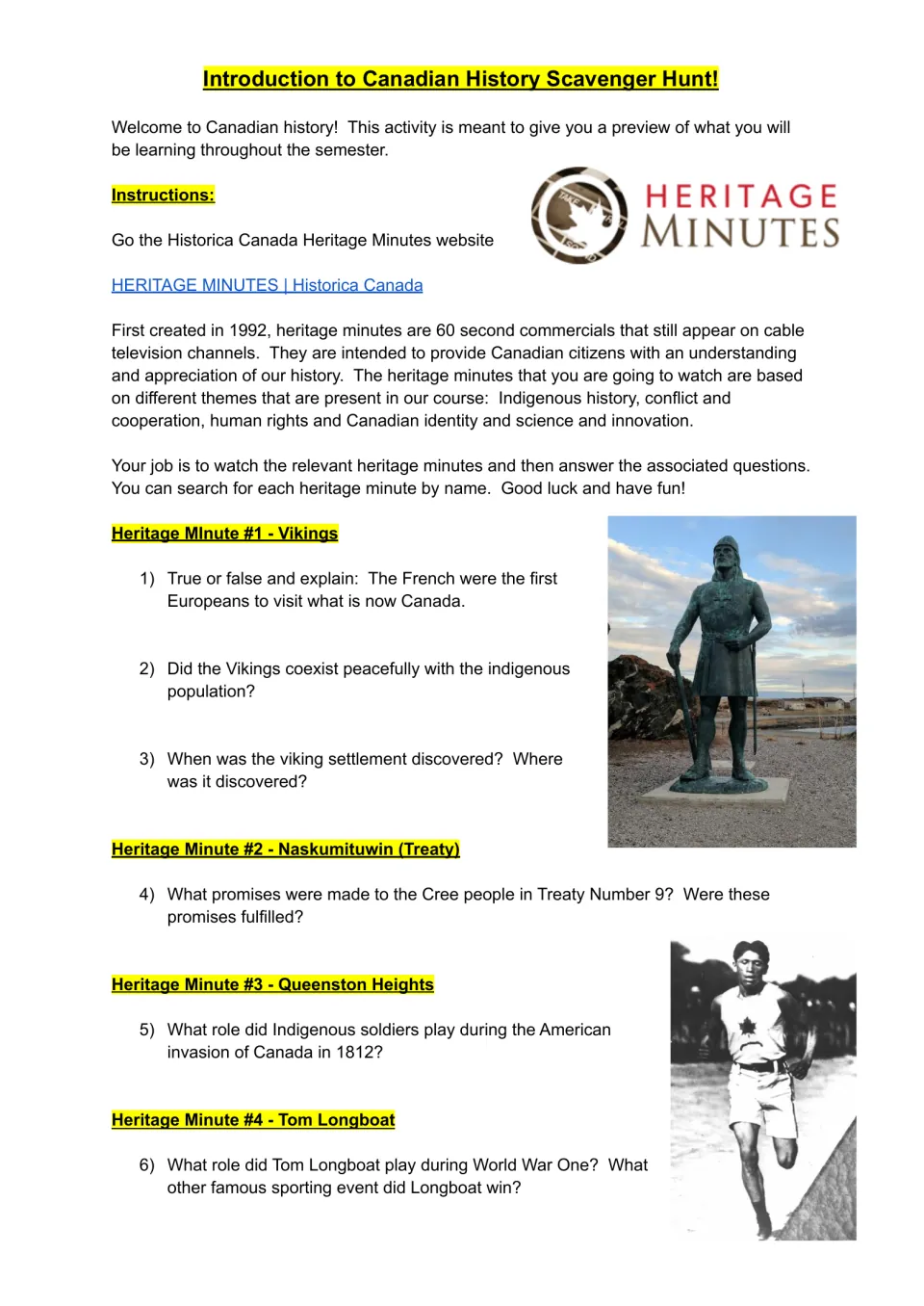 Scavenger hunt instructions and questions 1–6 on Vikings, Treaty 9, Queenston Heights, and Tom Longboat