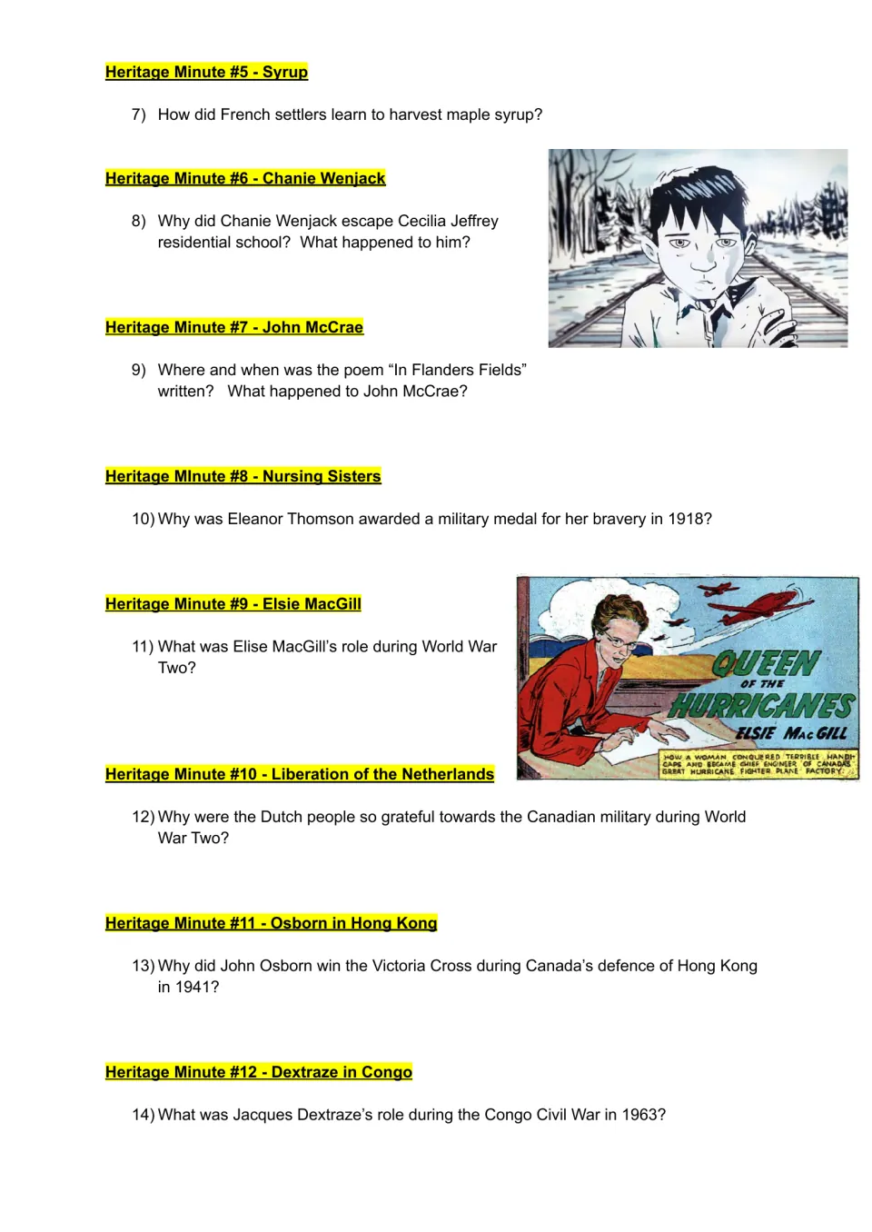 Scavenger hunt questions 7–14 on syrup, Chanie Wenjack, John McCrae, nursing sisters, and four more topics