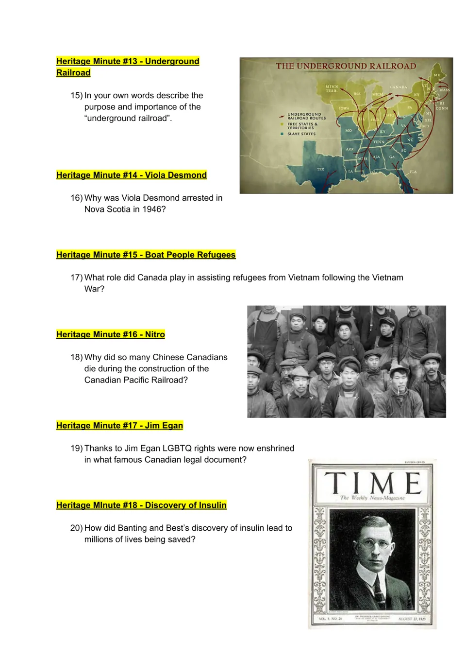 Scavenger hunt questions 15–20 on the Underground Railroad, Viola Desmond, refugees, Nitro, Egan, and insulin