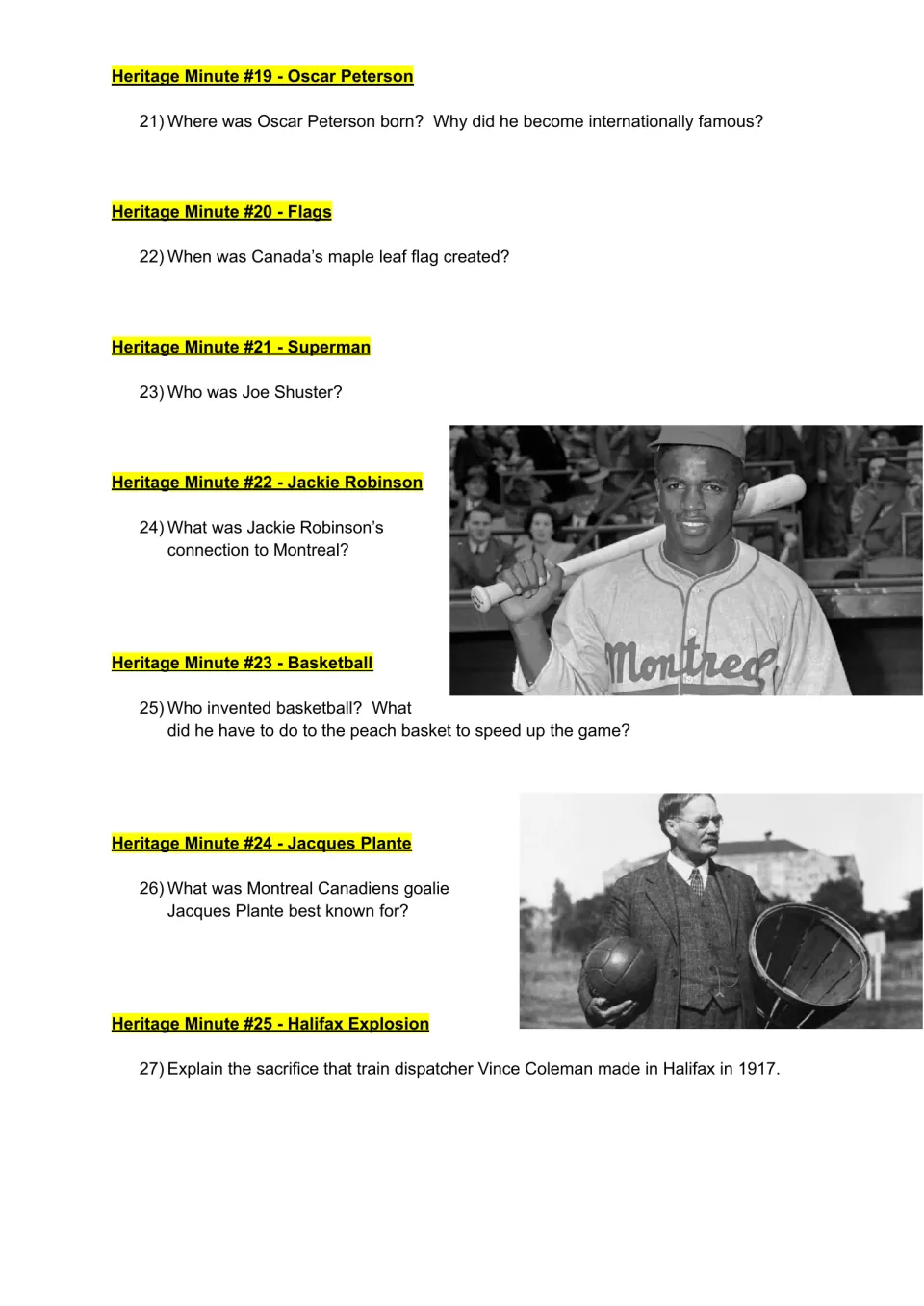 Scavenger hunt questions 21–27 on Oscar Peterson, flags, Superman, Jackie Robinson, and three more topics