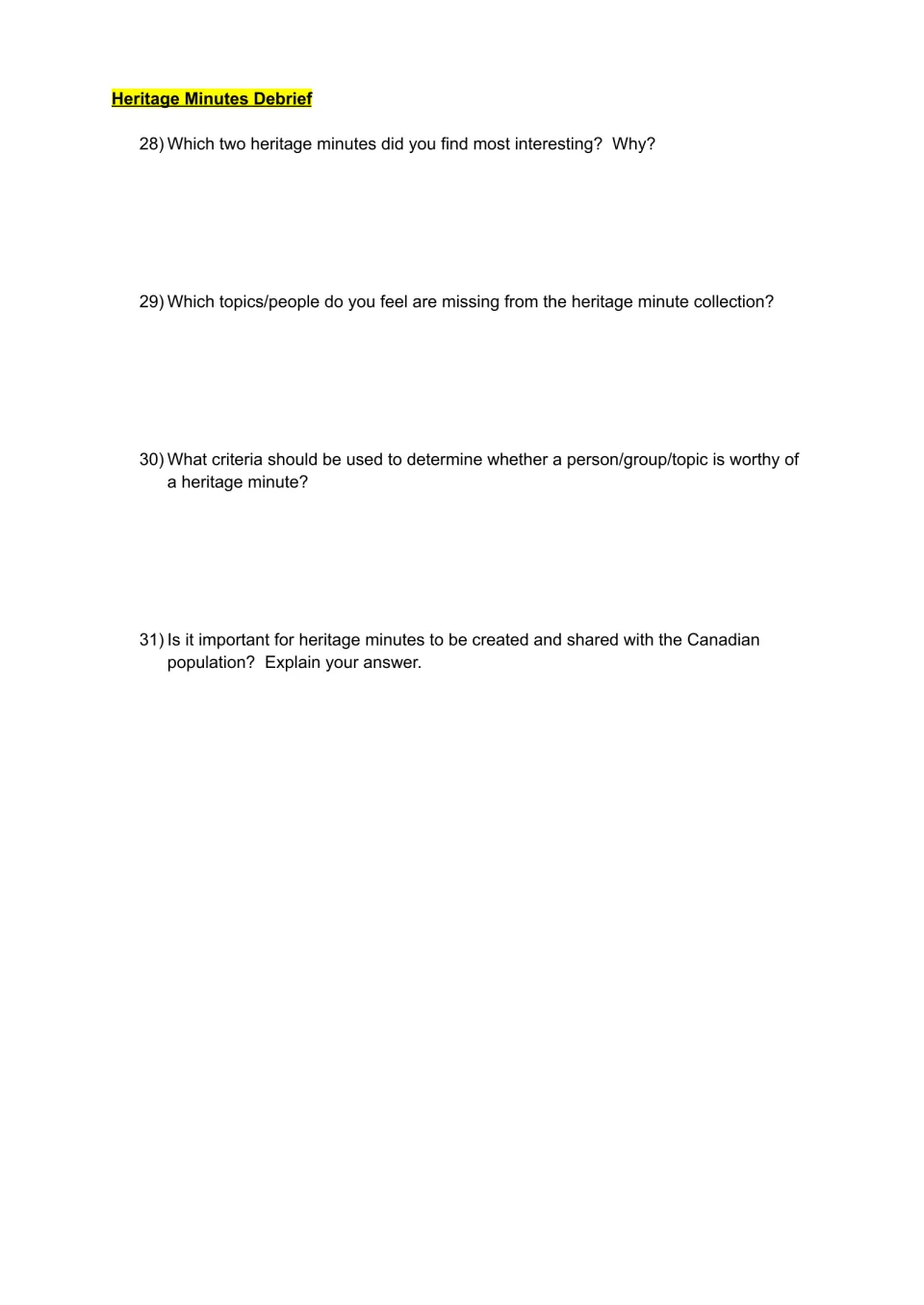 Scavenger hunt debrief questions 28–31 on interesting clips, missing topics, selection criteria, and value