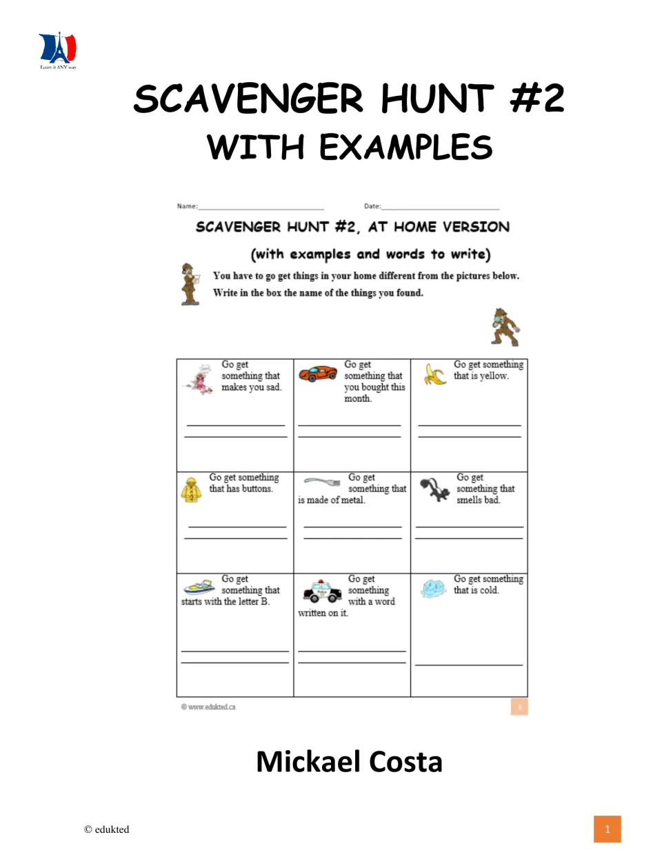 Scavenger Hunt #2 with Examples cover by Mickael Costa, previewing the at-home version with nine picture prompts