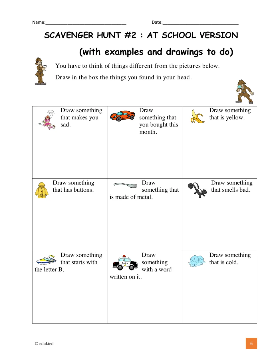 At-school hunt, drawing version: students imagine nine things, like something that starts with B, and draw each one
