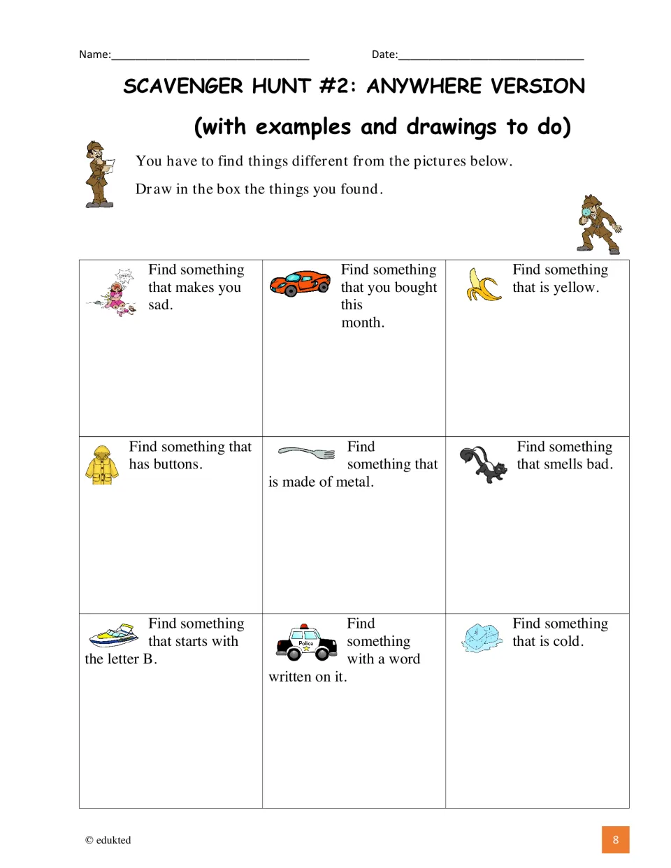 Anywhere hunt, drawing version: students find nine things, like something that makes them sad, and draw what they found