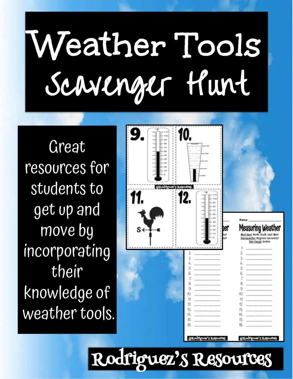 Weather Tools Scavenger Hunt cover showing sample thermometer, rain gauge, wind vane, and recording sheet
