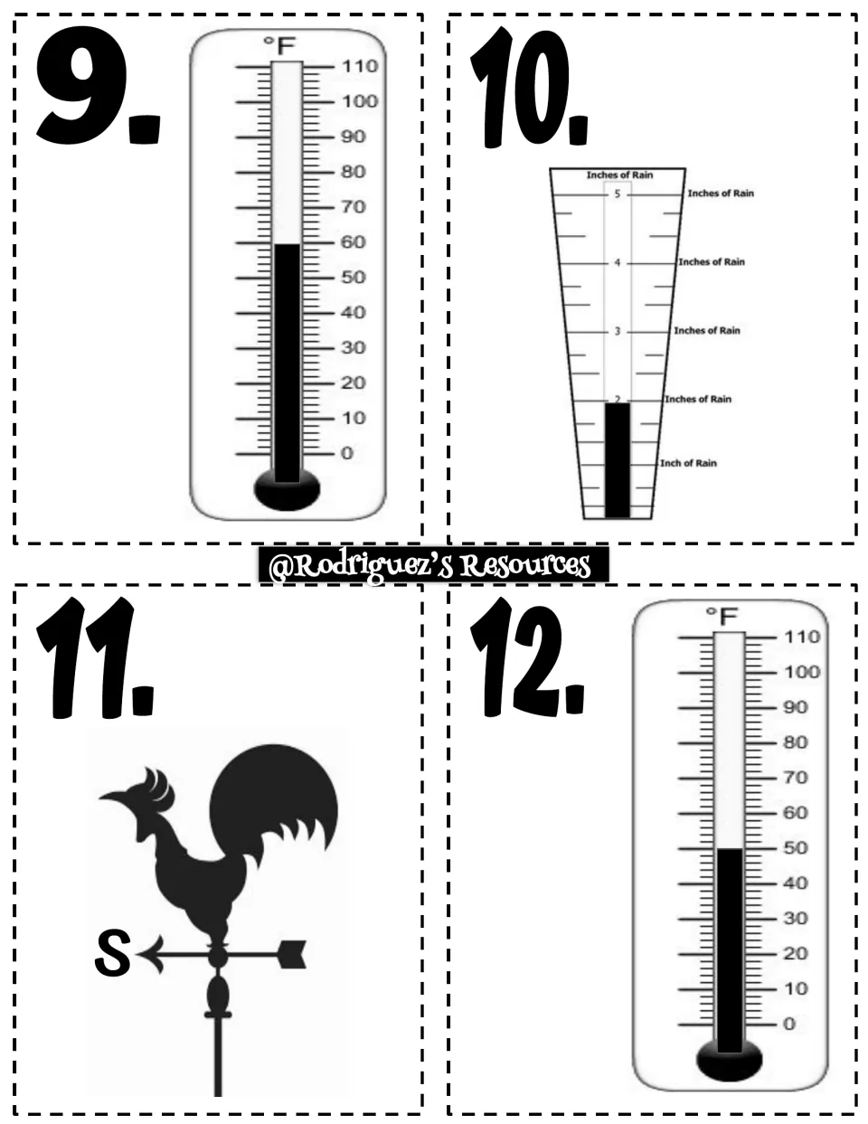 Weather tool cards 9–12: thermometers at 60°F and 50°F, a rain gauge at 2 inches, and a south wind vane