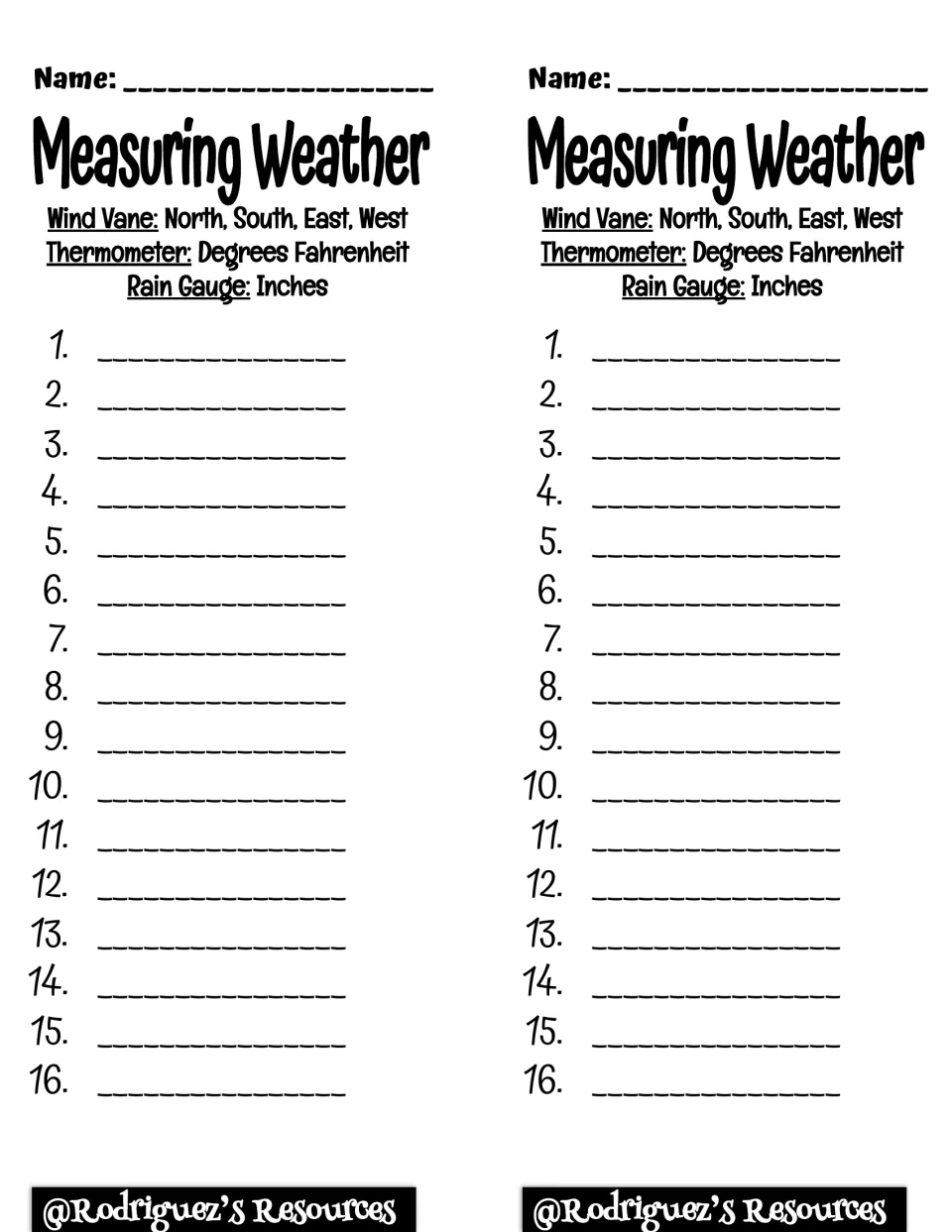 Measuring Weather recording sheet, printed twice, with spaces for answers 1–16 and weather tool unit reminders