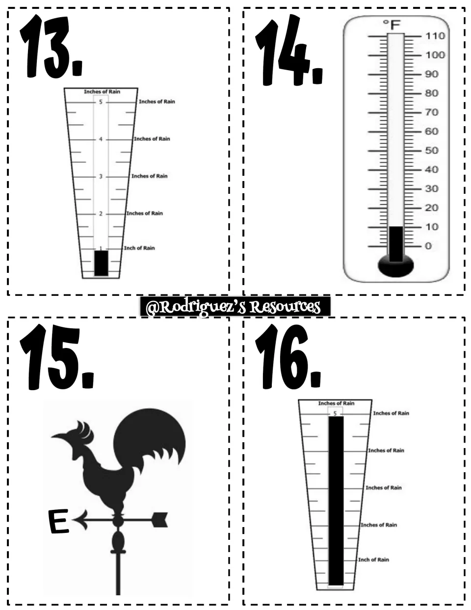 Weather tool cards 13–16: rain gauges at 1 and 5 inches, a thermometer at 10°F, and an east wind vane