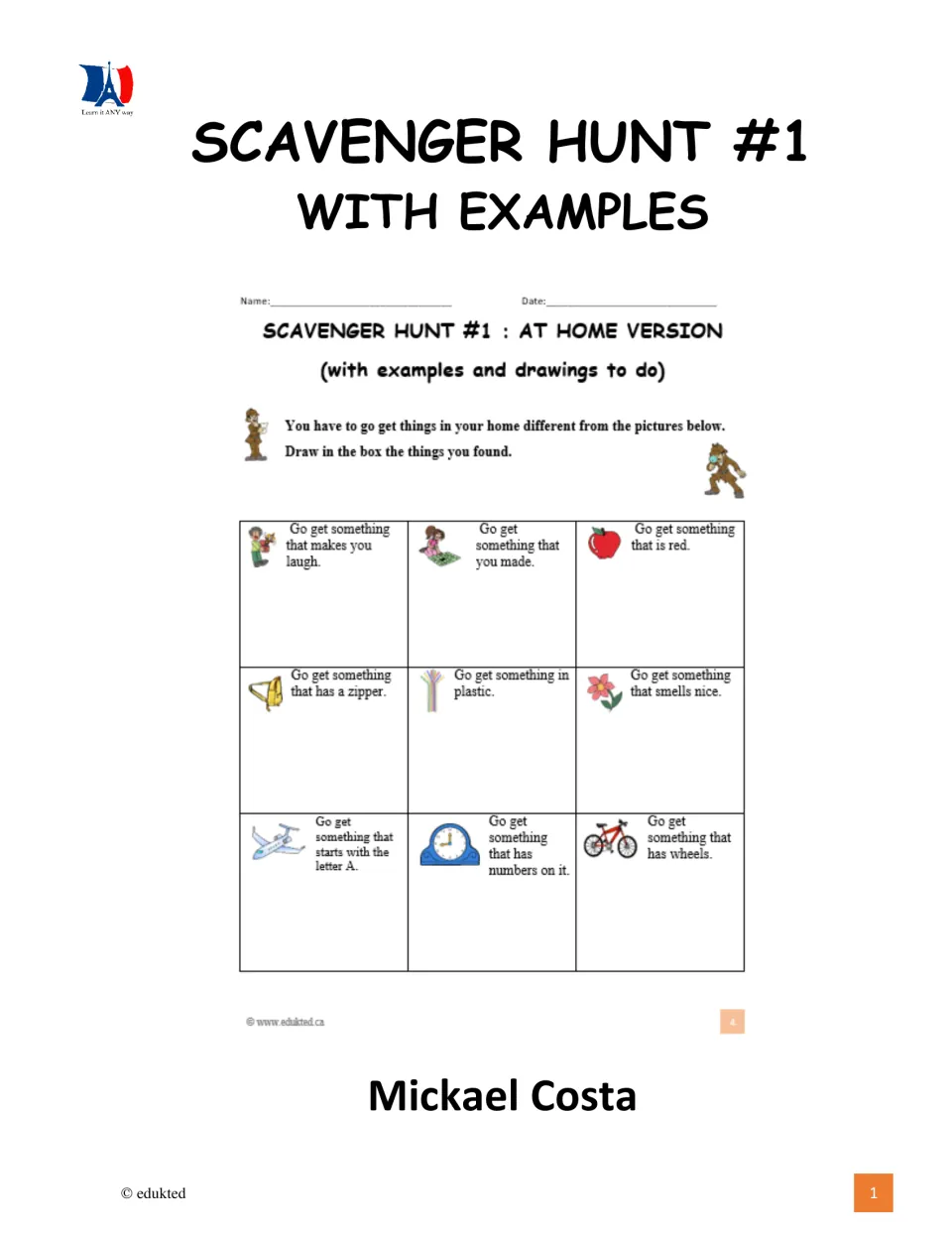 Scavenger Hunt #1 With Examples cover by Mickael Costa, previewing the at-home sheet of nine picture prompts to draw