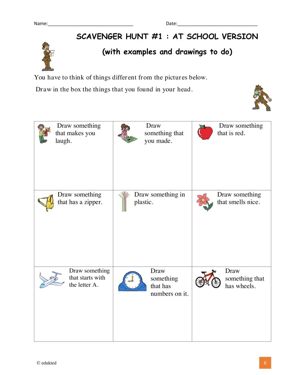 At-school hunt, drawing version: students imagine nine items, such as something with numbers on it, and draw each one