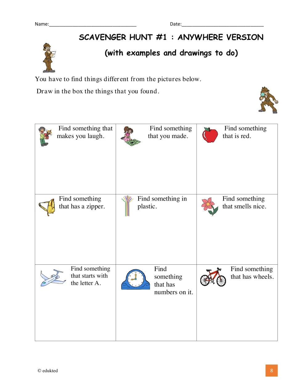 Anywhere hunt, drawing version: students locate nine items, such as something they made or that is red, and sketch them