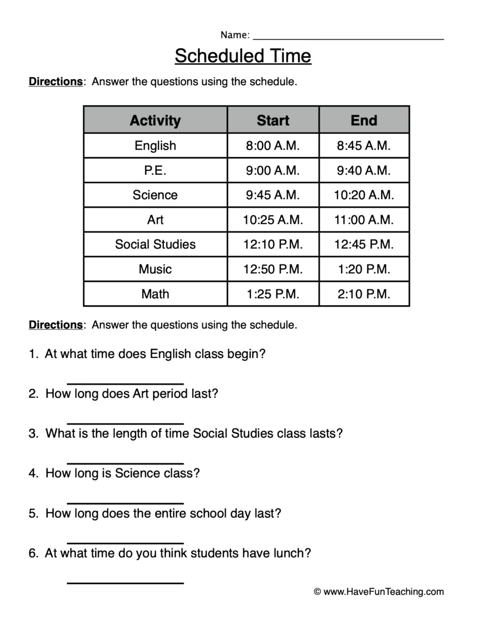 School schedule worksheet: seven classes from 8:00 A.M. to 2:10 P.M. and six questions about time.