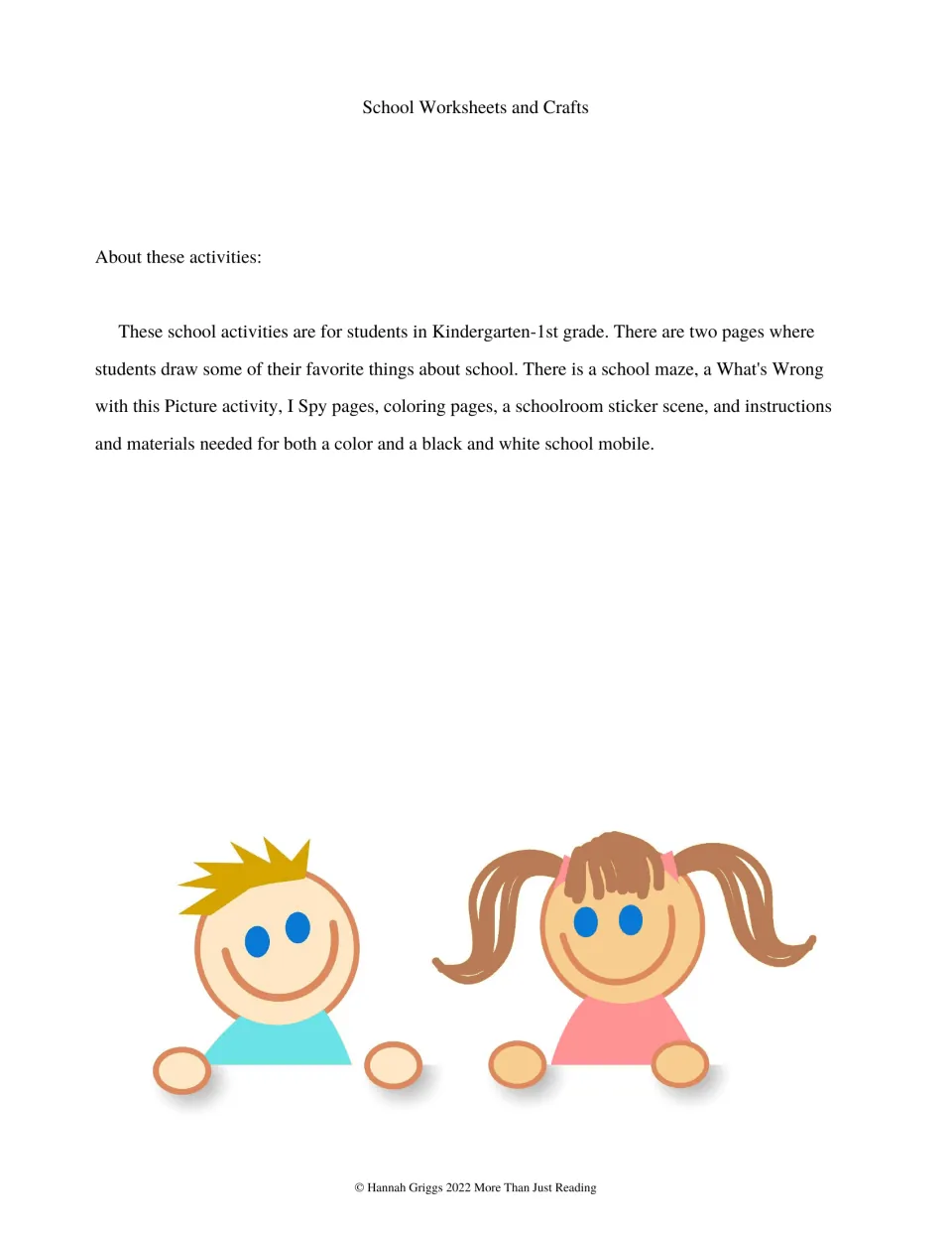 About these activities: overview listing drawing pages, a school maze, What's Wrong, I Spy, coloring, sticker scene, mobile