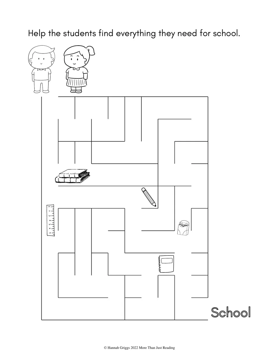 School supplies maze: students guide two children past books, a pencil, ruler, crayons and a notebook to reach School