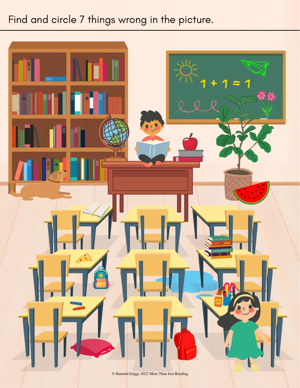 What's wrong classroom scene: students find and circle 7 mistakes, such as 1+1=1 written on the chalkboard