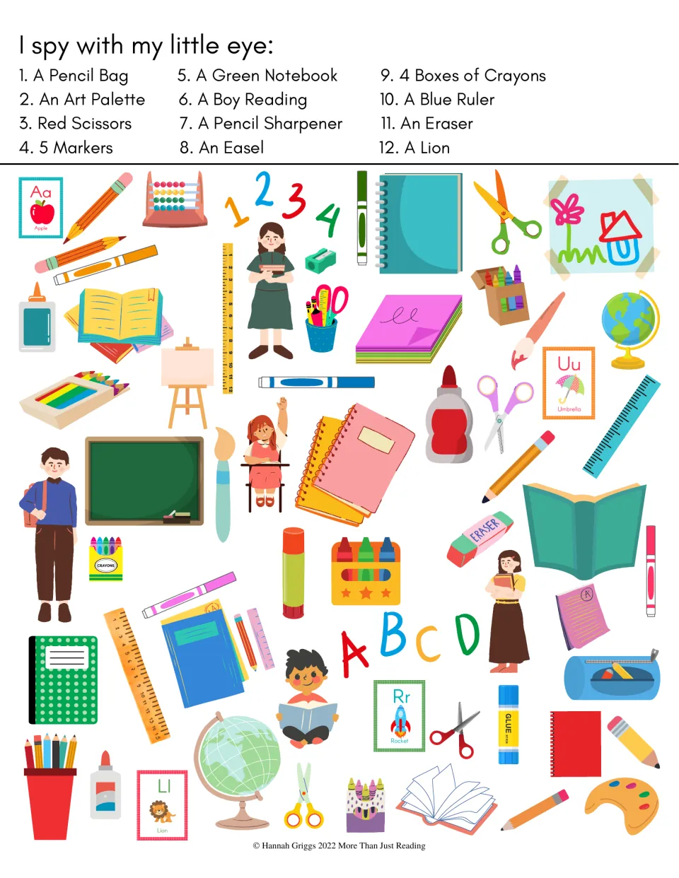 I spy school supplies: students search a busy scene for 12 listed items, from a pencil bag and red scissors to a lion