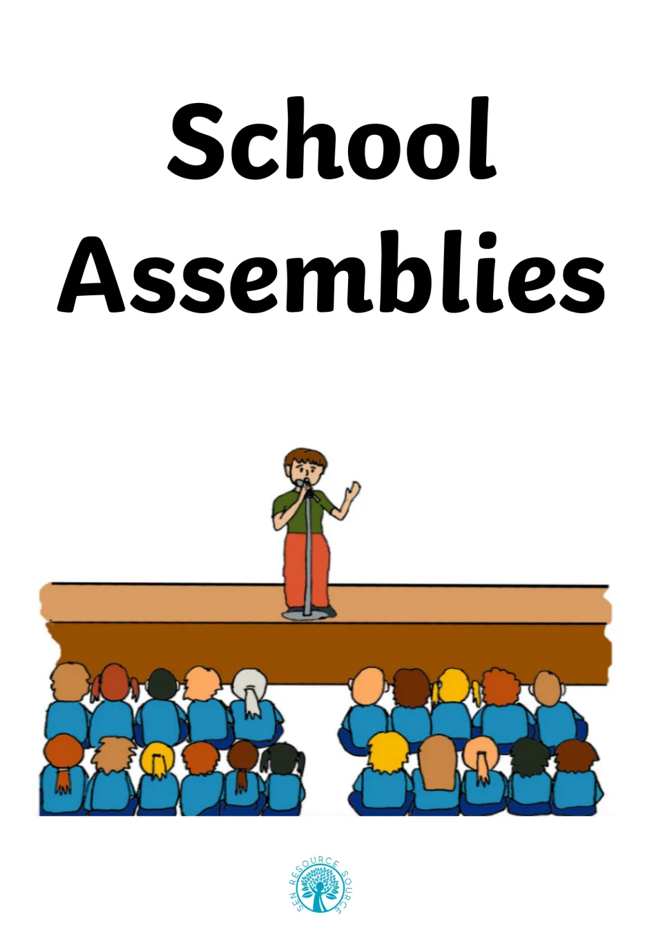 Cover titled School Assemblies with a drawing of a man speaking at a microphone on stage to rows of seated pupils