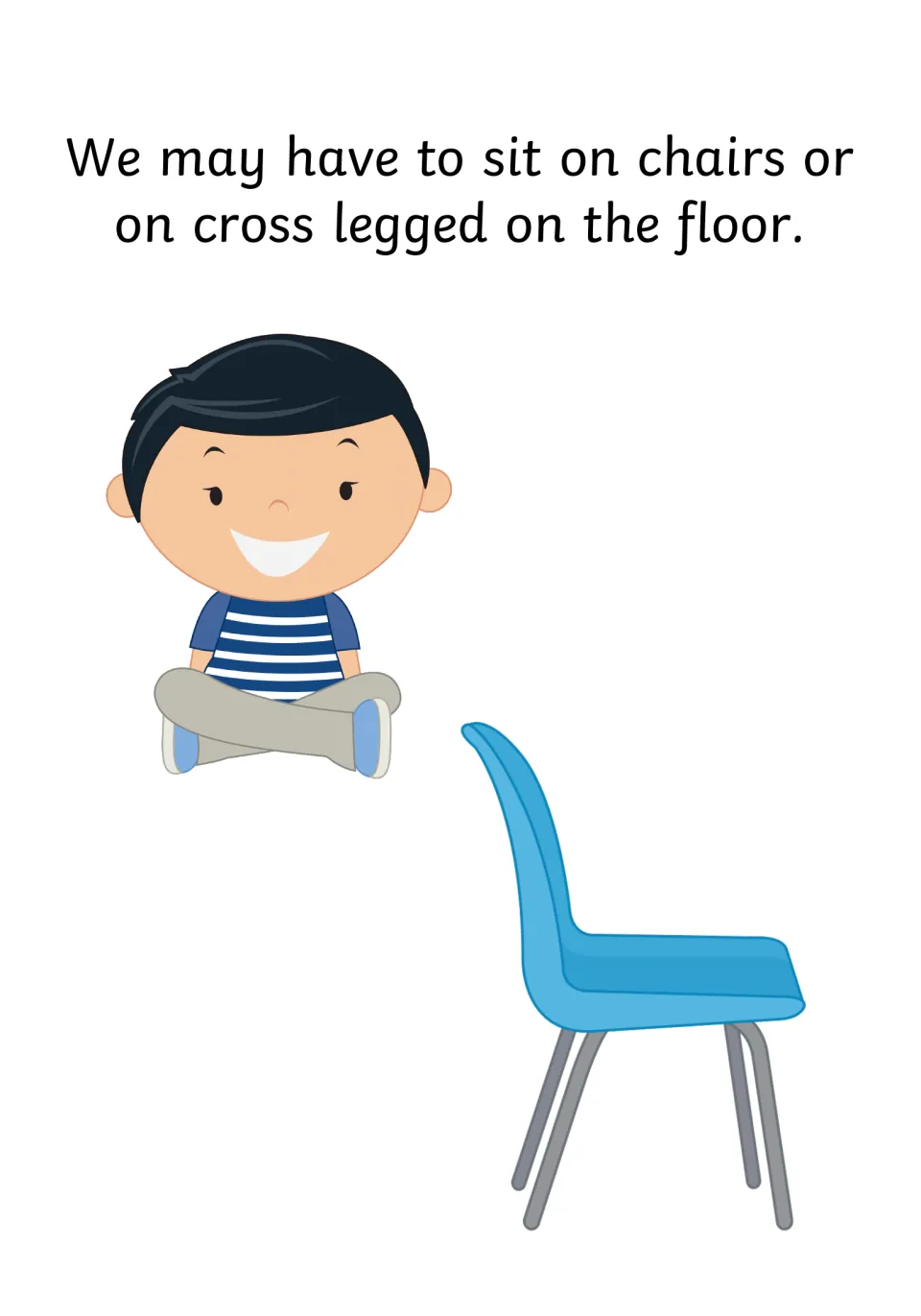 Where to sit: text explains pupils may sit on chairs or cross-legged on the floor, shown with a seated boy and a blue chair