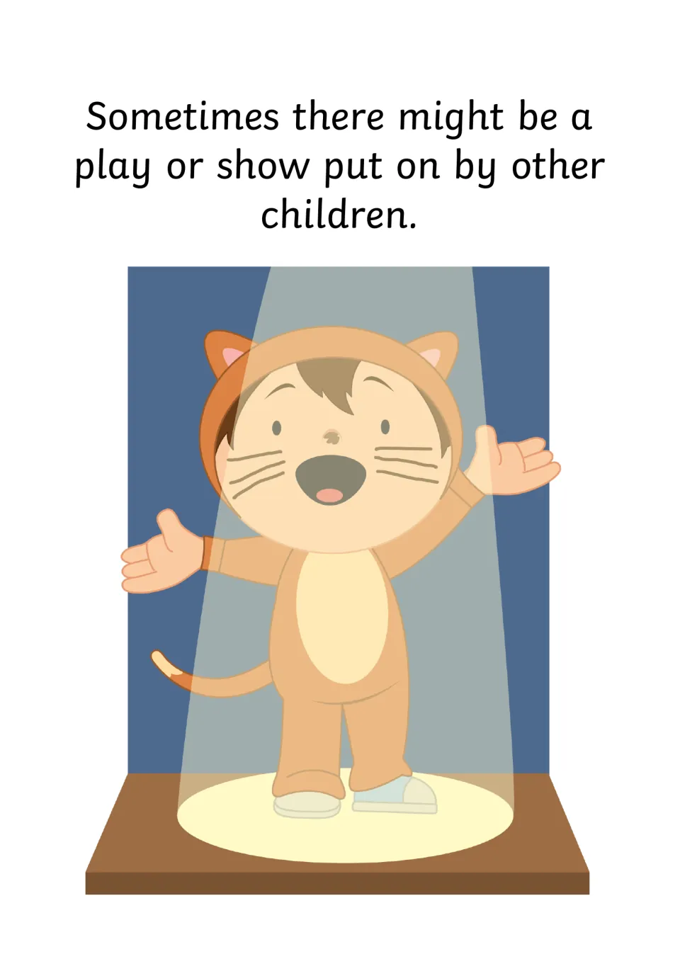 Plays and shows: text says other children may put on a play or show, pictured as a child in a cat costume under a spotlight