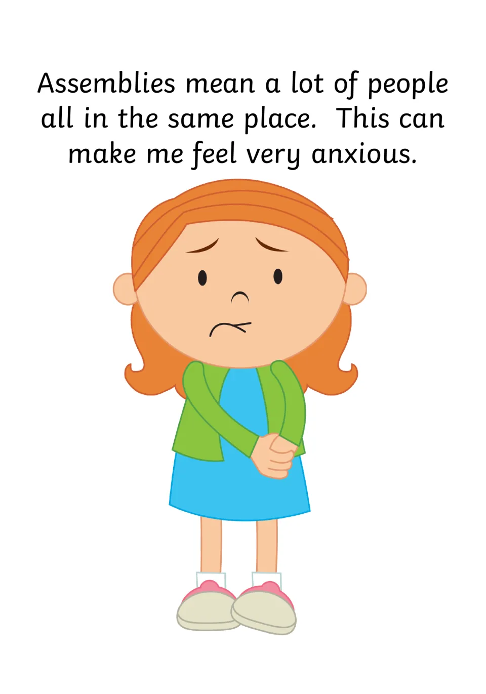 Crowds and worry: text says a lot of people in one place can make me feel very anxious, beside a frowning girl