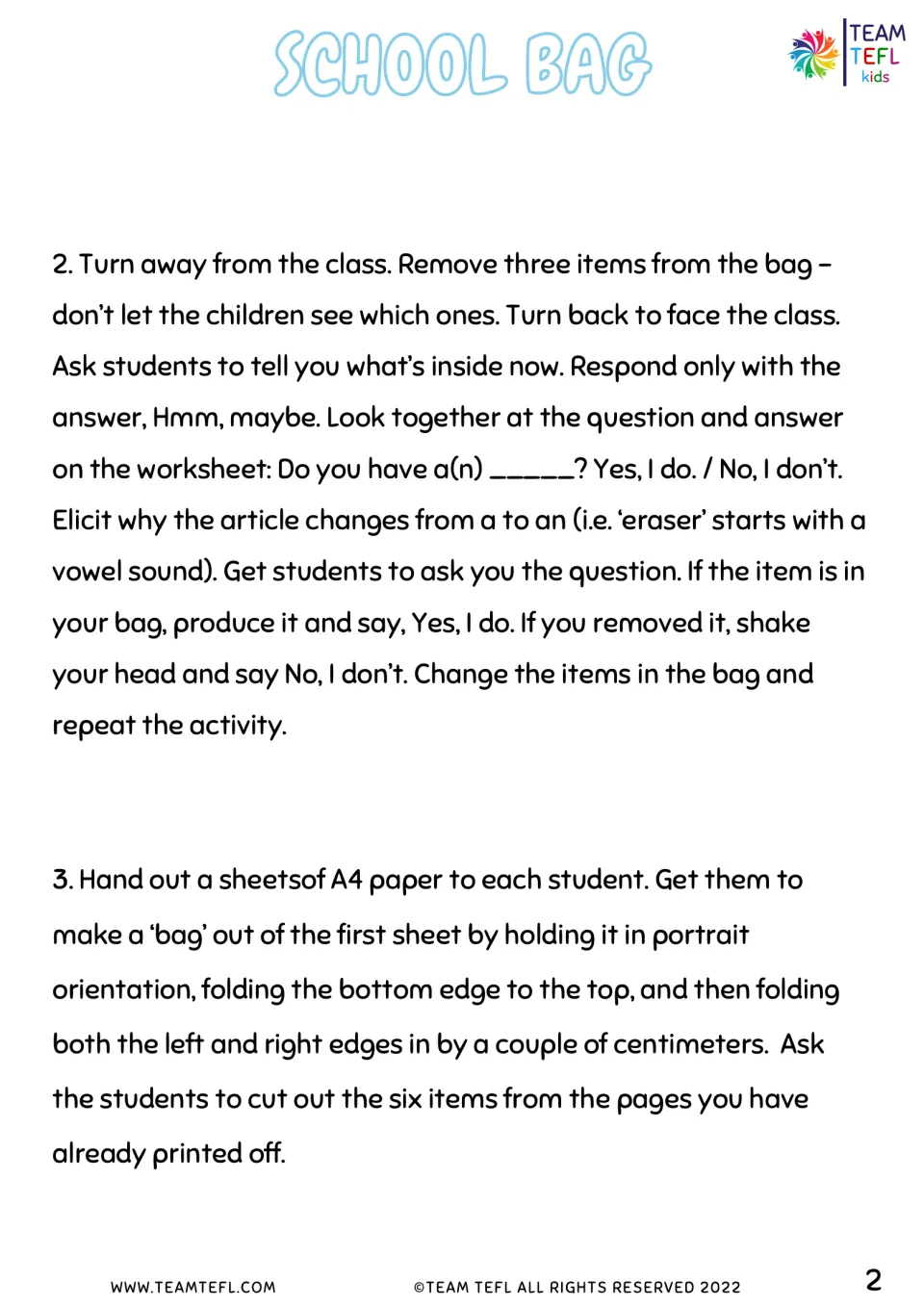 Teacher notes steps 2-3: students ask Do you have a(n)...? about hidden items and fold A4 paper into a paper bag
