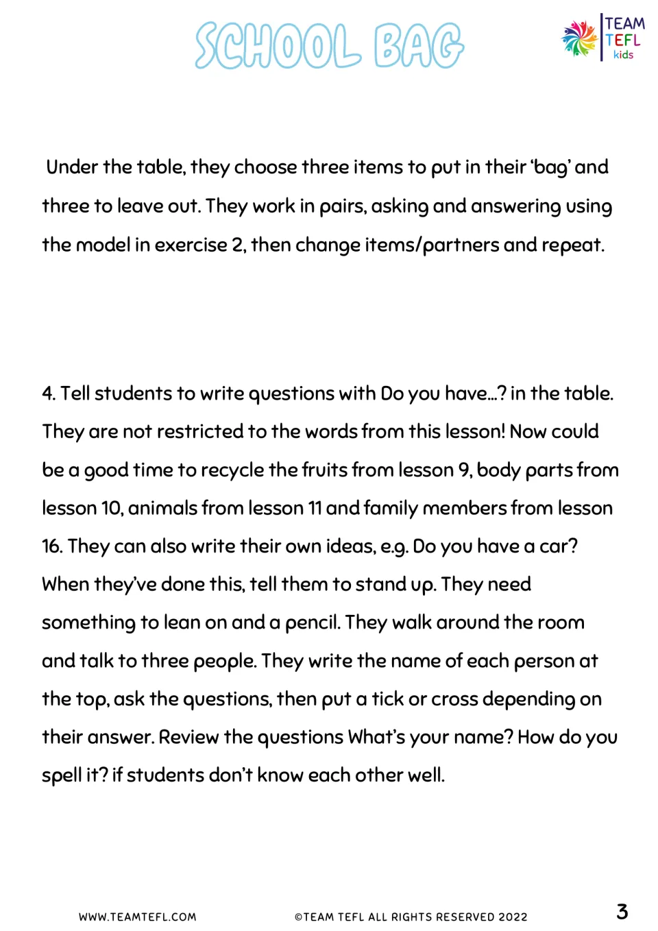 Teacher notes steps 3-4: pairs hide items in paper bags, then mingle asking Do you have...? and tick or cross answers