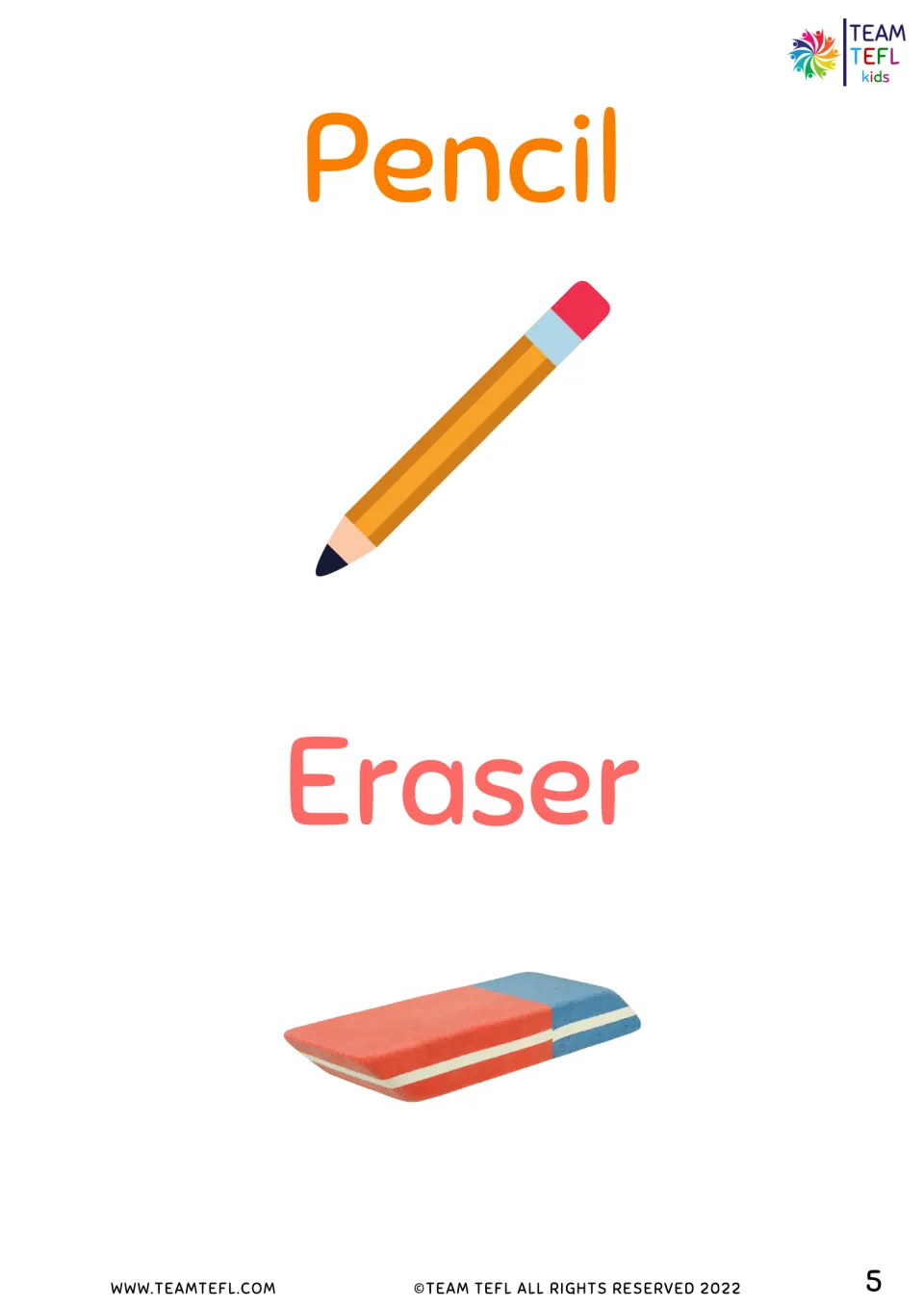 Pencil and eraser picture cards, each word labeled above its illustration, to print and cut out for the bag activity