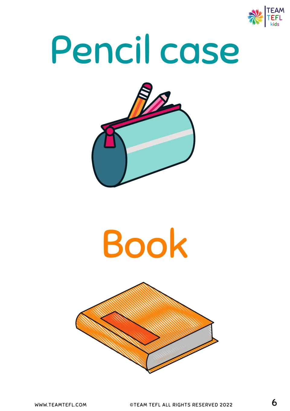 Pencil case and book picture cards with large word labels, printed for students to cut out and place in paper bags