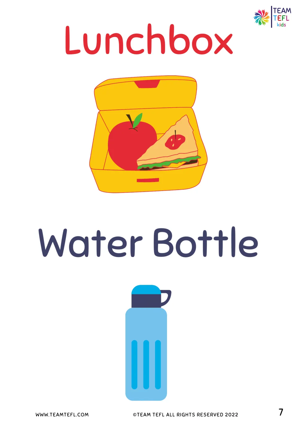 Lunchbox and water bottle picture cards with large word labels, used as cut-out items for the paper bag pair game