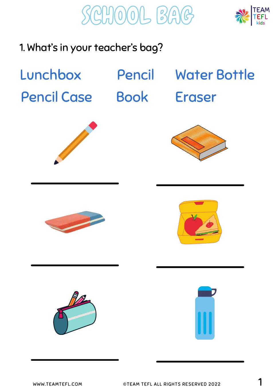 What's in your teacher's bag? Students copy six school item words from a word bank under matching pictures