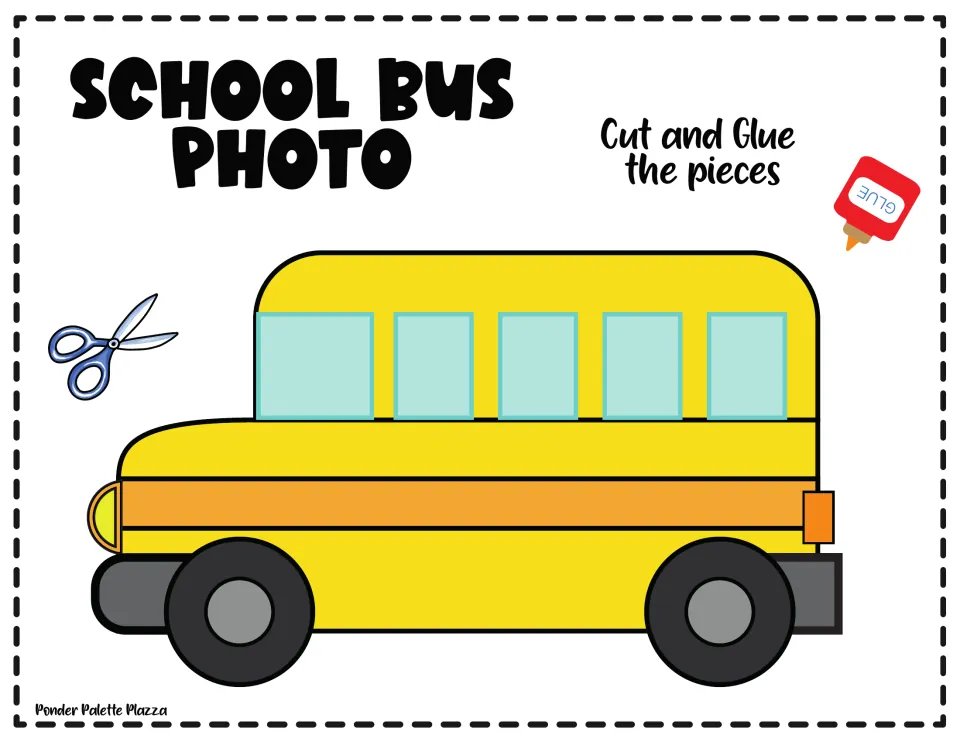 School bus photo: finished yellow bus model with five windows, stripe and wheels, plus the note to cut and glue the pieces