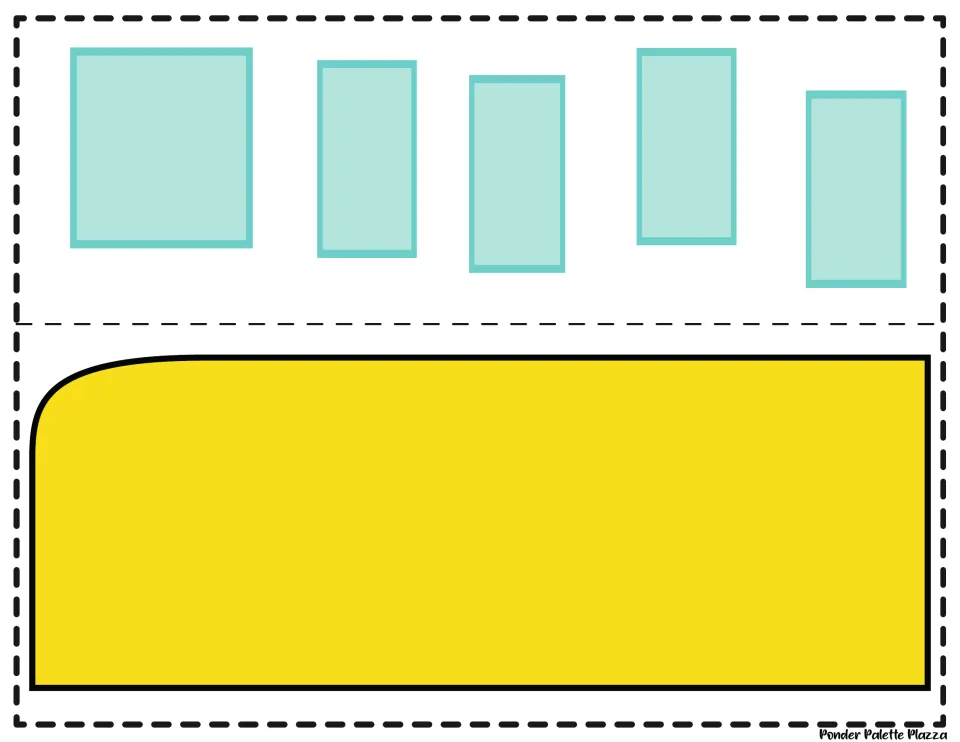 Bus cut-out pieces in color: five light blue windows and the long yellow lower body with a rounded front to cut out