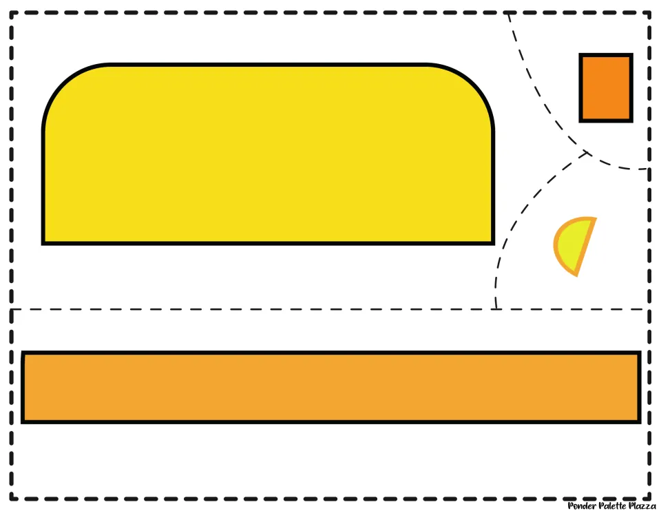 Bus cut-out pieces in color: yellow roof top, orange side stripe, orange back light and yellow headlight to cut out