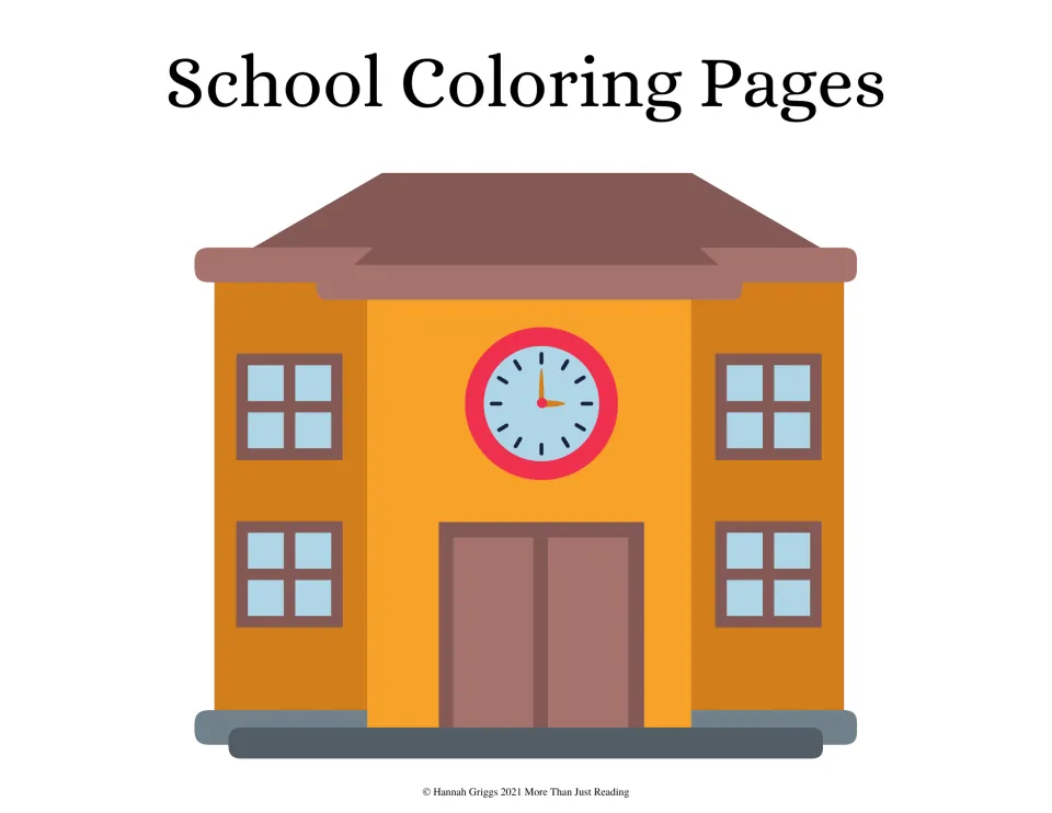 School Coloring Pages cover: a full-color clip-art school building with a red clock above the front doors