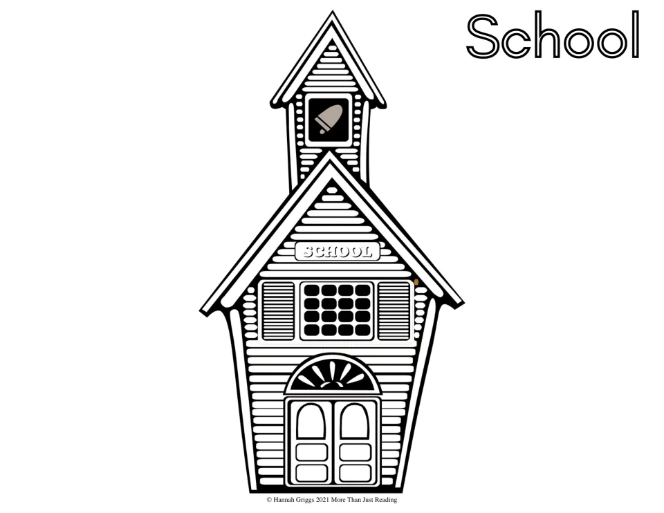 Schoolhouse to color: an outline of a one-room school with a bell tower, labeled with the outlined word School
