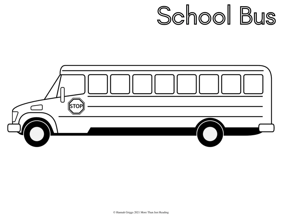 School bus to color: a side-view outline of a long bus with a stop sign, headed by the outlined words School Bus