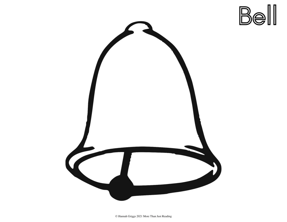 Bell to color: a large outline of a school hand bell with its clapper, labeled with the outlined word Bell