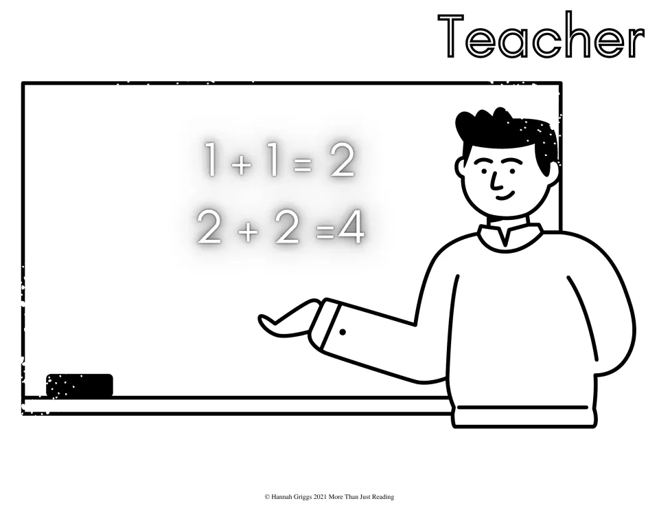 Teacher to color: a smiling teacher points to a board showing 1 + 1 = 2 and 2 + 2 = 4, labeled Teacher