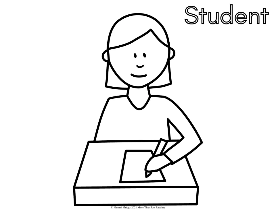 Student to color: a smiling girl writes on a sheet of paper at her desk, labeled with the outlined word Student
