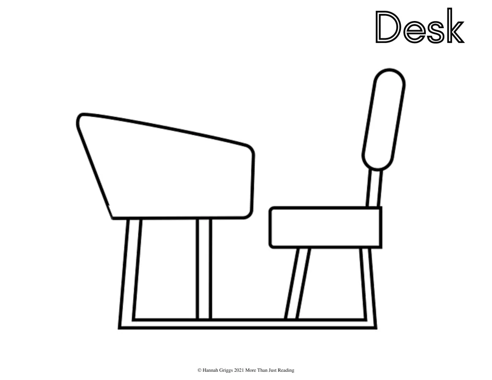 Desk to color: an outline of a classroom desk with an attached chair, labeled with the outlined word Desk