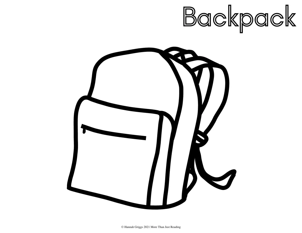 Backpack to color: an outline of a school backpack with a zippered front pocket and straps, labeled Backpack