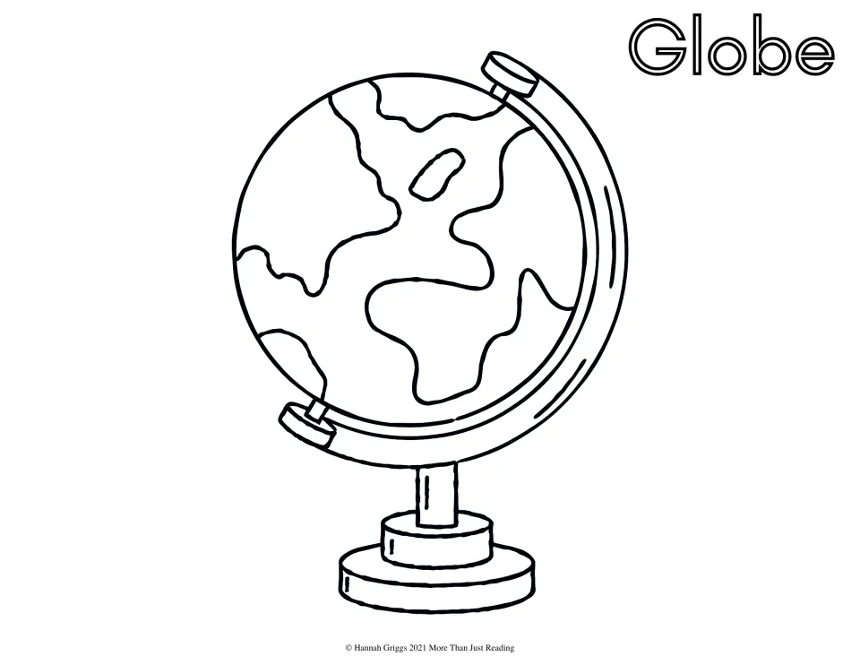 Globe to color: an outline of a world globe on a curved stand with a round base, labeled with the outlined word Globe