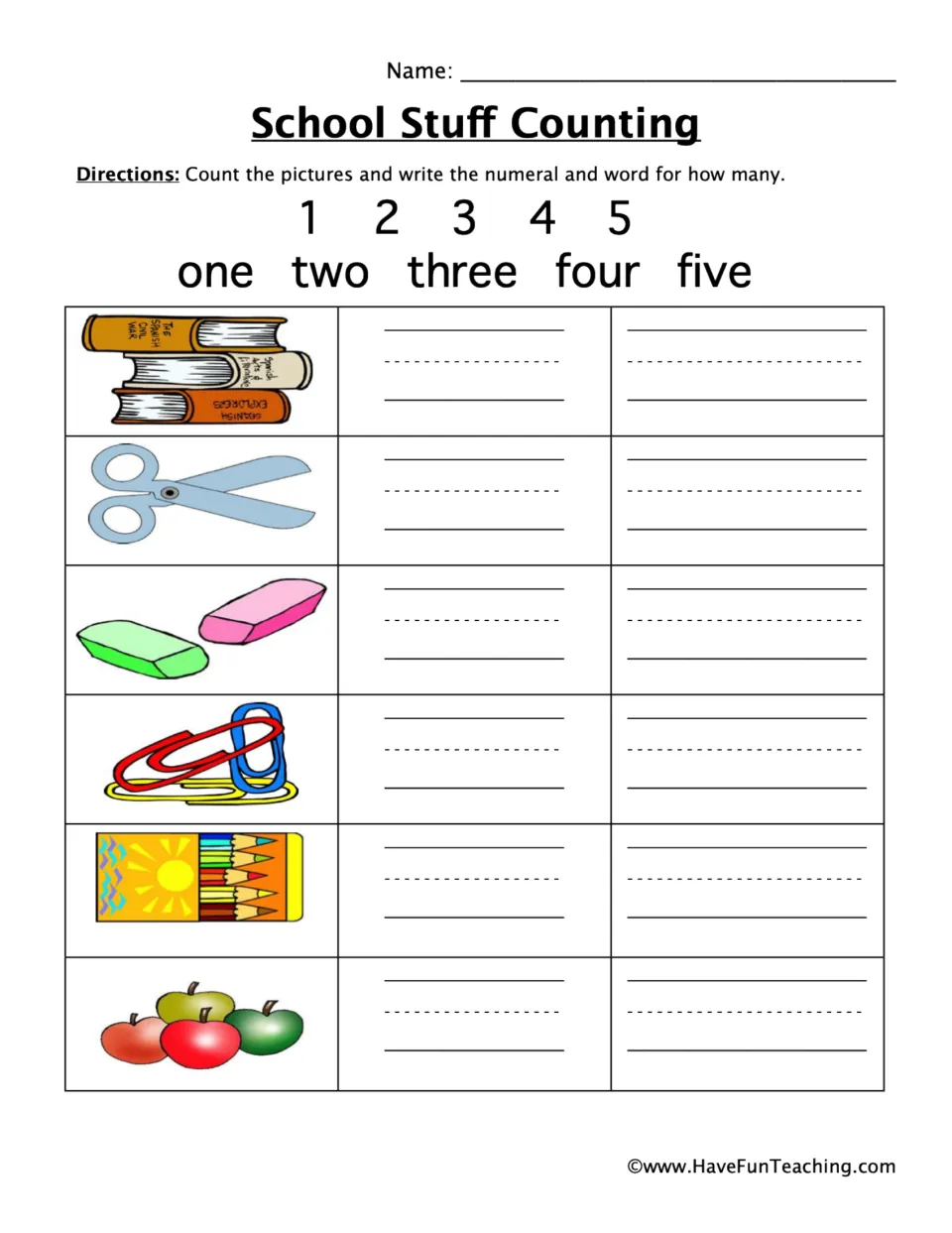 Counting practice for numbers 1–5: count books, scissors, erasers, paper clips, pencils, and apples.