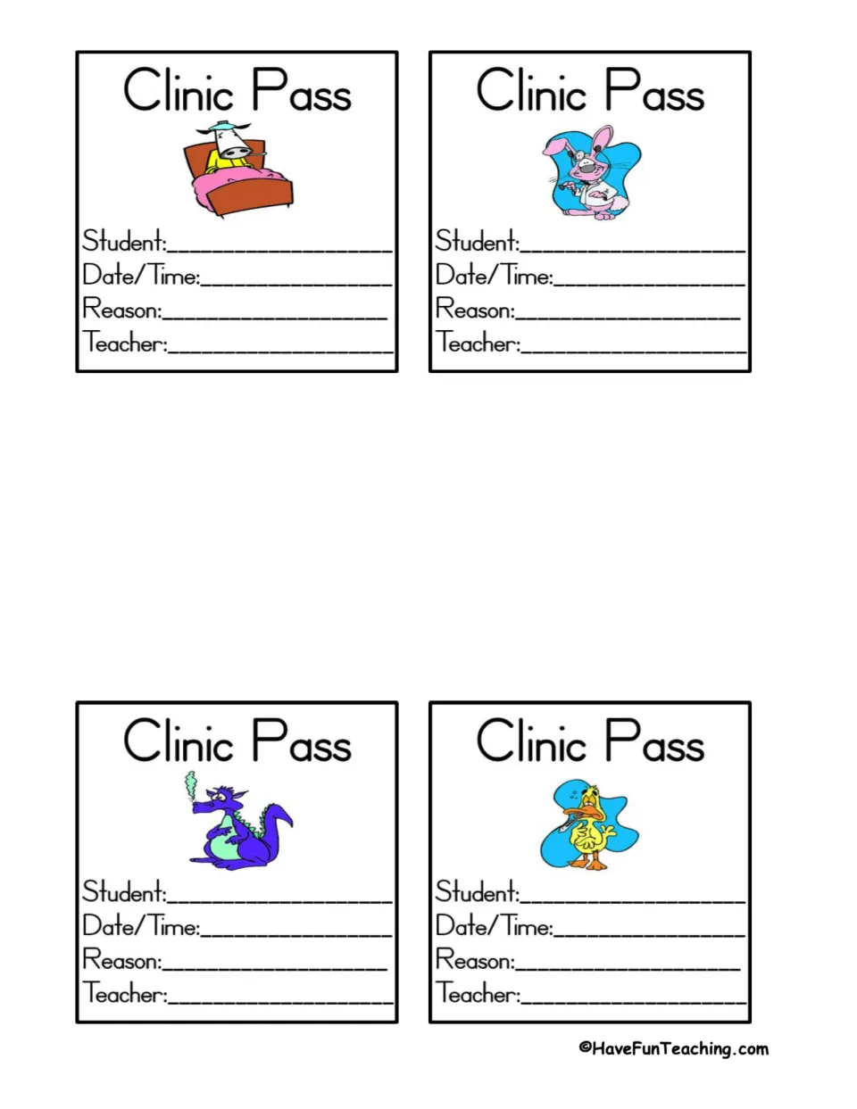 Four Clinic Pass slips with sick cartoon animals; teachers fill in student, date/time, reason and teacher name