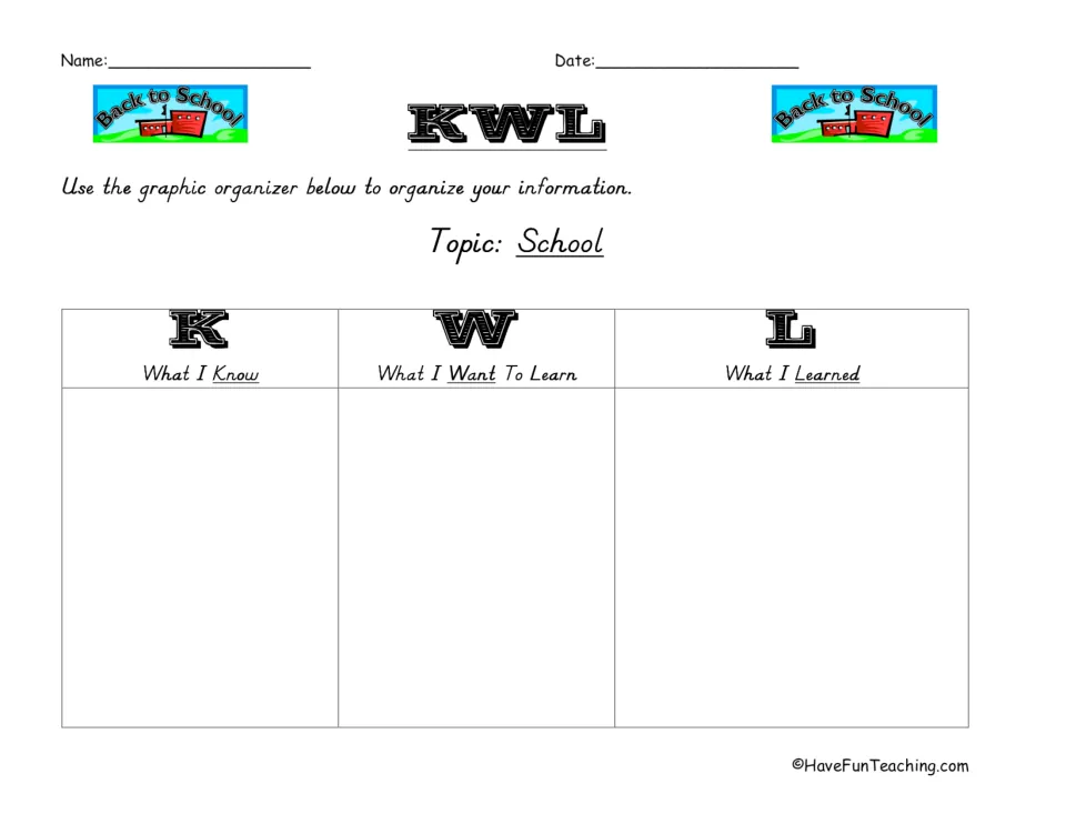 KWL chart on the topic of school: students record what they know, what they want to learn and what they learned