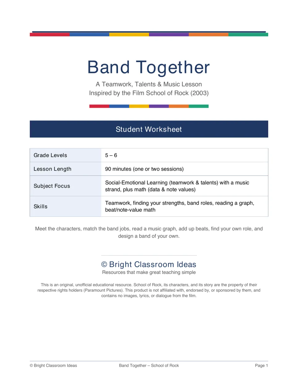 Band Together cover: a teamwork, talents and music lesson inspired by School of Rock, listing 90-minute length and skills