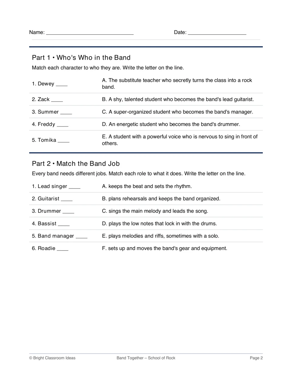 Who's Who and band jobs: students match five film characters to descriptions and six band roles to their duties