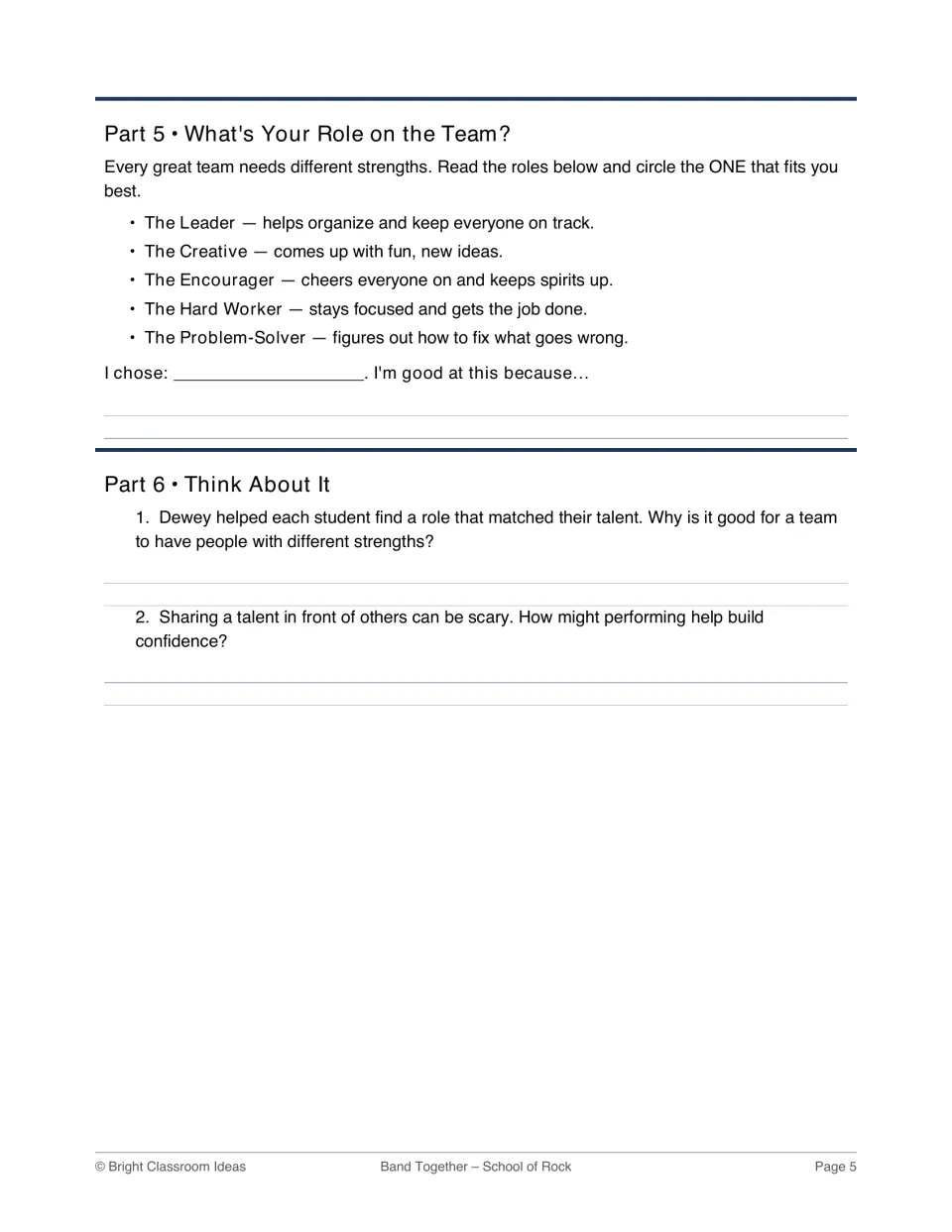 Team roles reflection: students circle which of five roles fits them, then answer 2 Think About It prompts