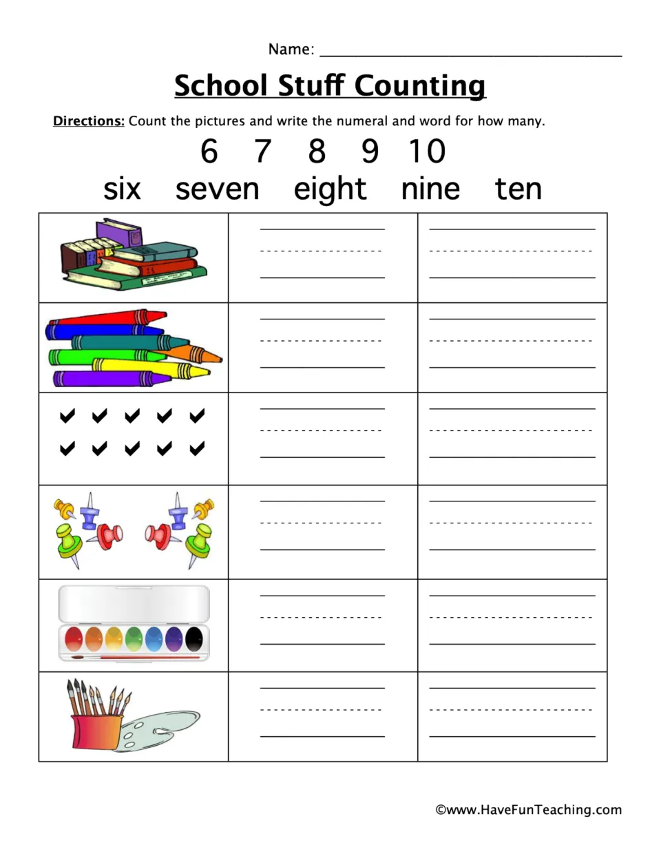 Counting 6 to 10: students count books, crayons, checkmarks, pushpins, paints and brushes, then write each numeral and word